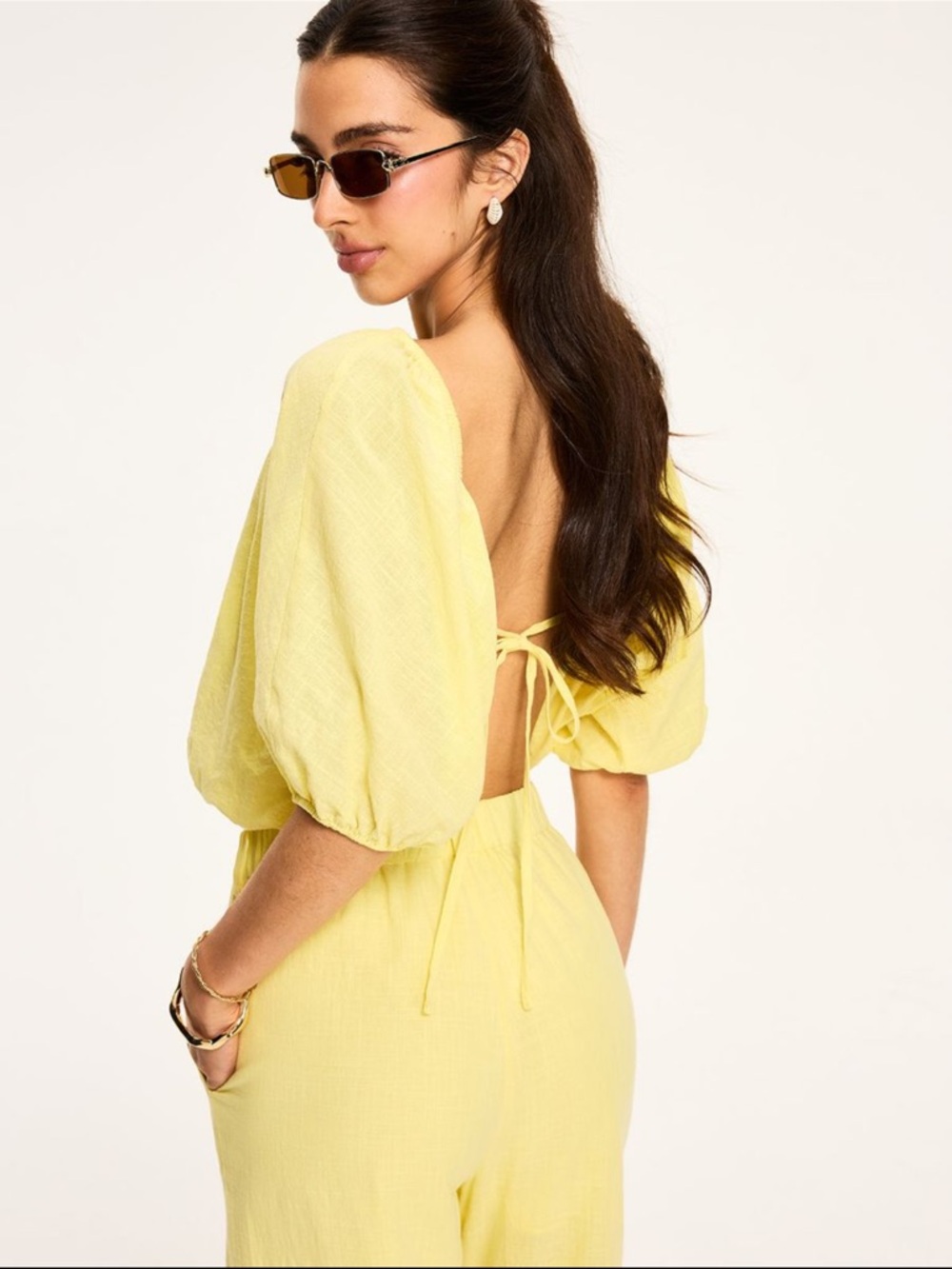 Commense Lemon Yellow Open-Back Puff Sleeve Crop Top